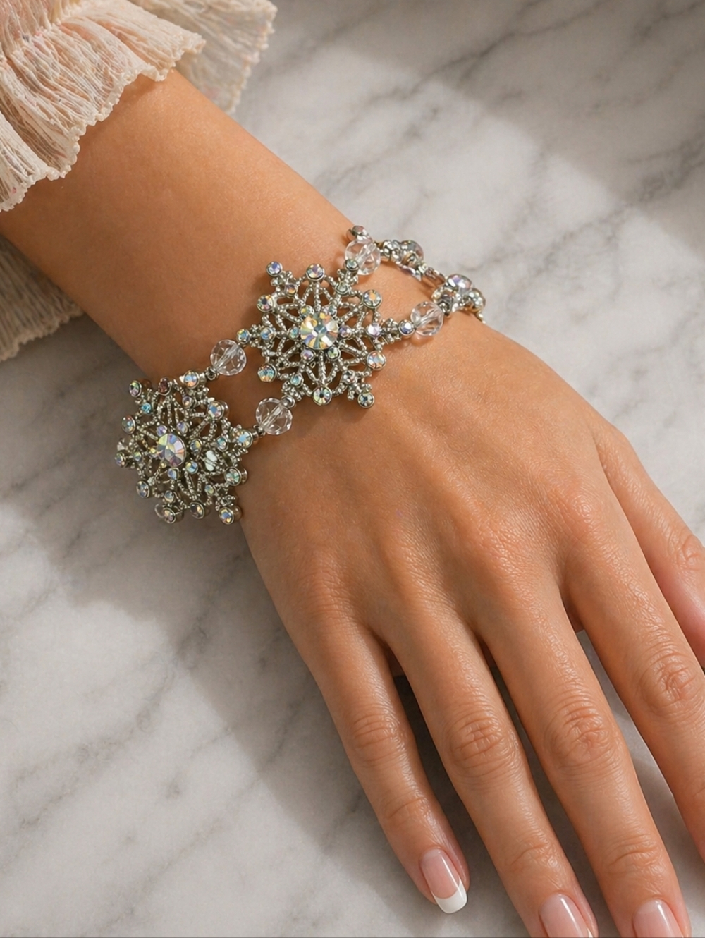 Vintage Aurora Borealis Rhinestone Bracelet Snowflake Starburst Statement Silver